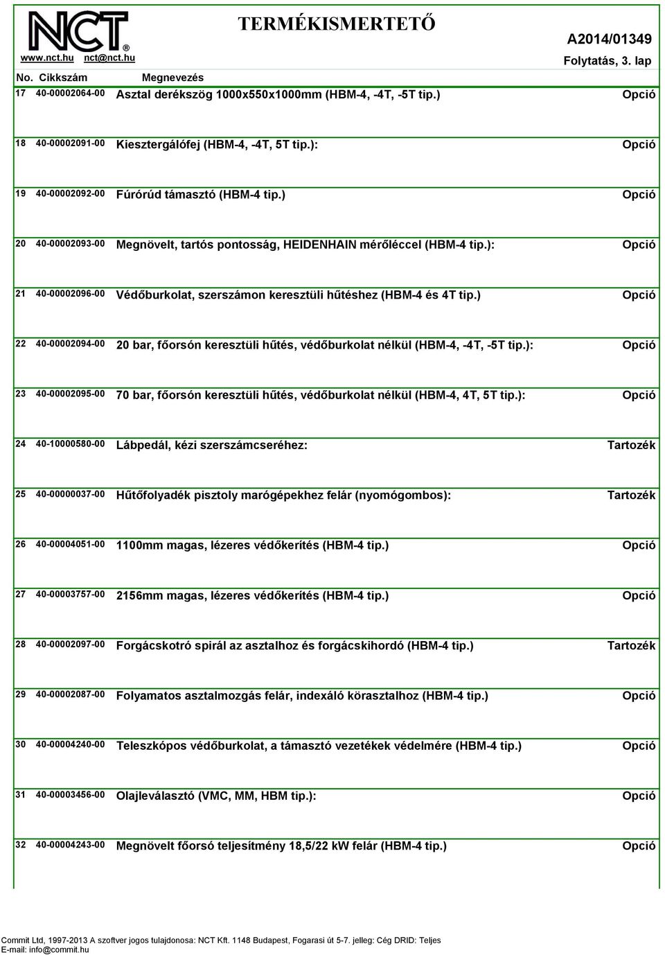 ) 22 40-00002094-00 20 bar, főorsón keresztüli hűtés, védőburkolat nélkül (HBM-4, -4T, -5T tip.): 23 40-00002095-00 70 bar, főorsón keresztüli hűtés, védőburkolat nélkül (HBM-4, 4T, 5T tip.