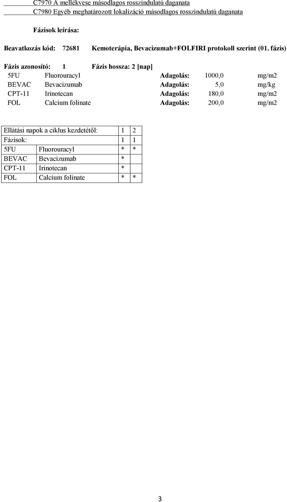 fázis) Fázis azonosító: 1 Fázis hossza: 2 [nap] 5FU Fluorouracyl Adagolás: 1000,0 mg/m2 BEVAC Bevacizumab Adagolás: 5,0 mg/kg CPT-11