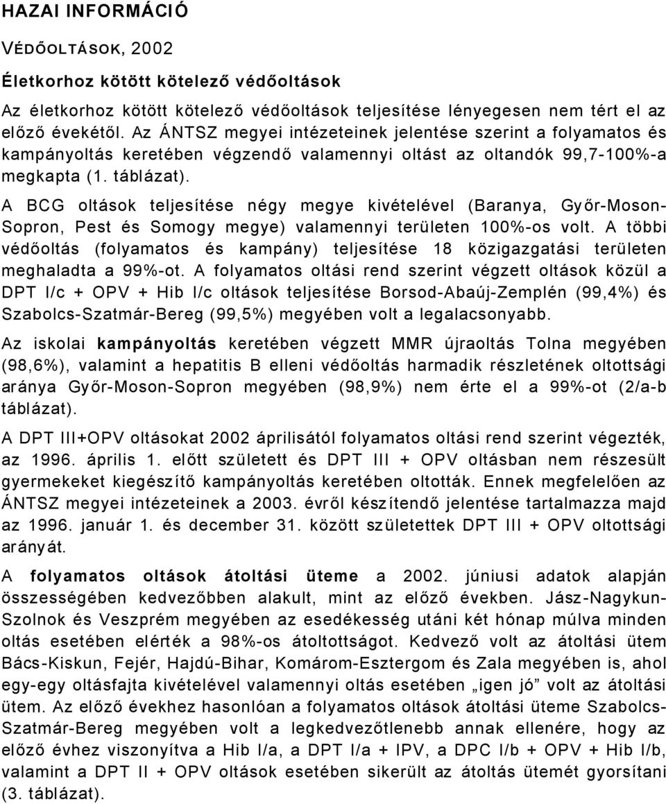 A BCG oltåsok teljesütäse nägy megye kivätelävel (Baranya, Gy őrmoson Sopron, Pest Äs Somogy megye) valamennyi teréleten 100%os volt.