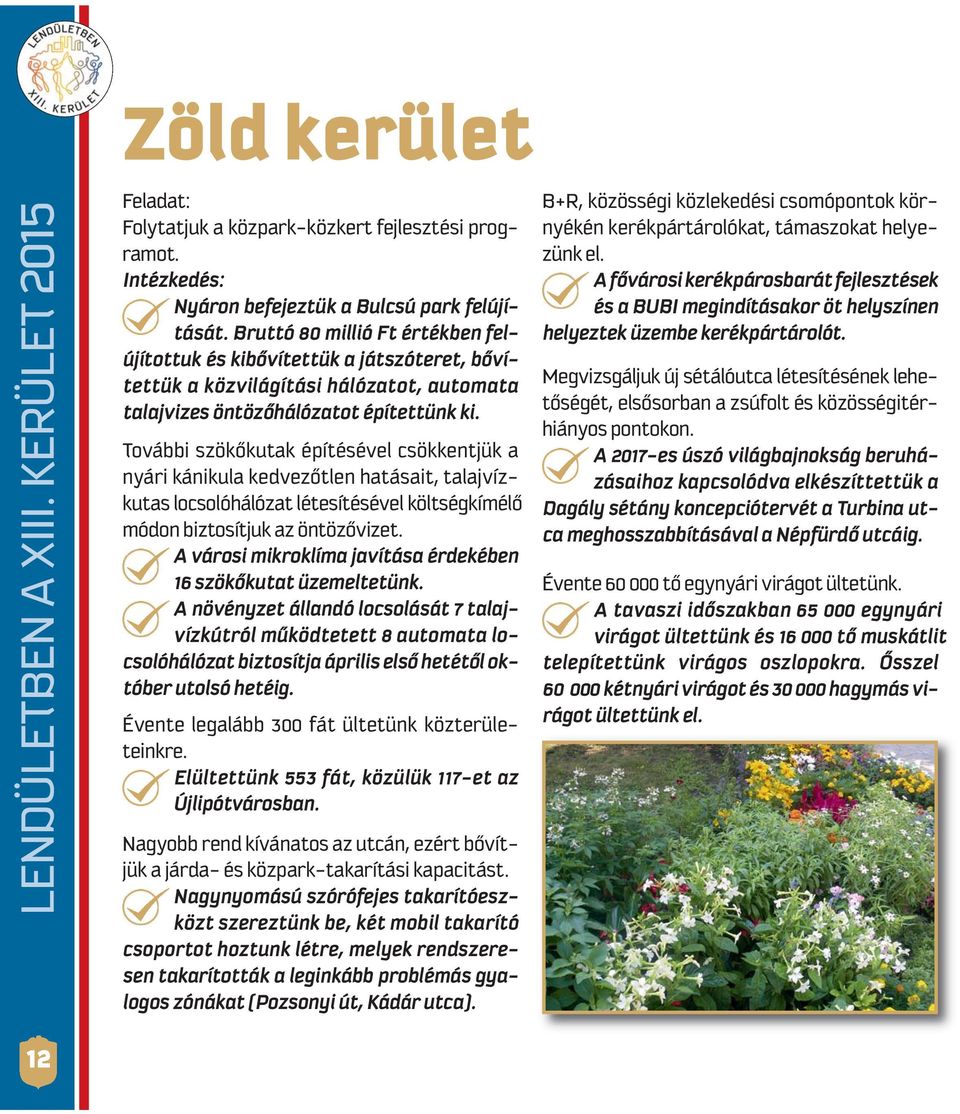To váb bi szö kő ku tak épí té sé vel csök kent jük a nyá ri ká ni ku la ked ve zőt len ha tá sa it, ta laj vízkutas locsolóhálózat létesítésével költségkímélő módon biztosítjuk az öntözővizet.