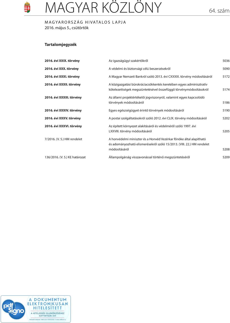 törvény A közigazgatási bürokráciacsökkentés keretében egyes adminisztratív kötelezettségek megszüntetésével összefüggő törvénymódosításokról 5174 2016. évi XXXIII.