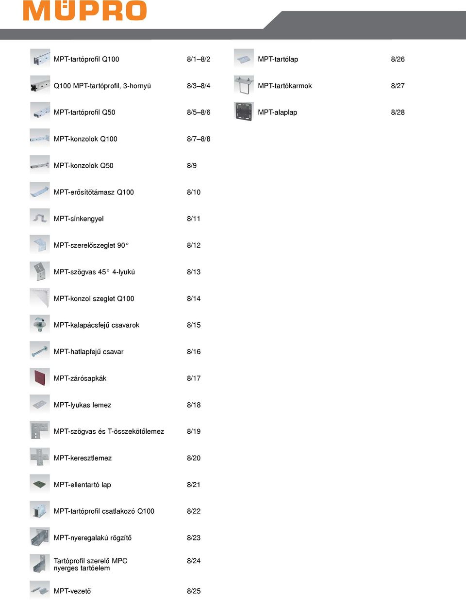 szeglet Q00 8/4 MPT-kalapácsfejű csavarok 8/5 MPT-hatlapfejű csavar 8/6 MPT-zárósapkák 8/7 MPT-lyukas lemez 8/8 MPT-szögvas és T-összekötőlemez 8/9