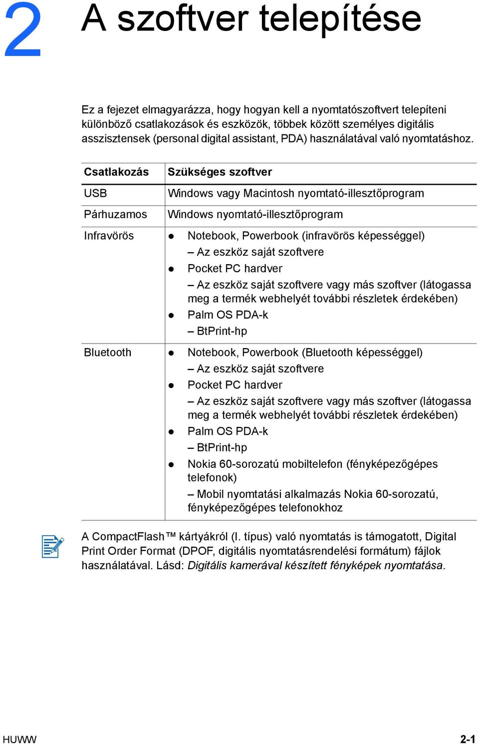 Csatlakozás USB Párhuzamos Szükséges szoftver Windows vagy Macintosh nyomtató-illesztőprogram Windows nyomtató-illesztőprogram Infravörös Notebook, Powerbook (infravörös képességgel) Az eszköz saját