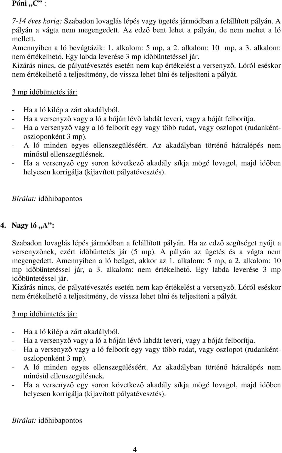 Kizárás nincs, de pályatévesztés esetén nem kap értékelést a versenyző. Lóról eséskor nem értékelhető a teljesítmény, de vissza lehet ülni és teljesíteni a pályát.