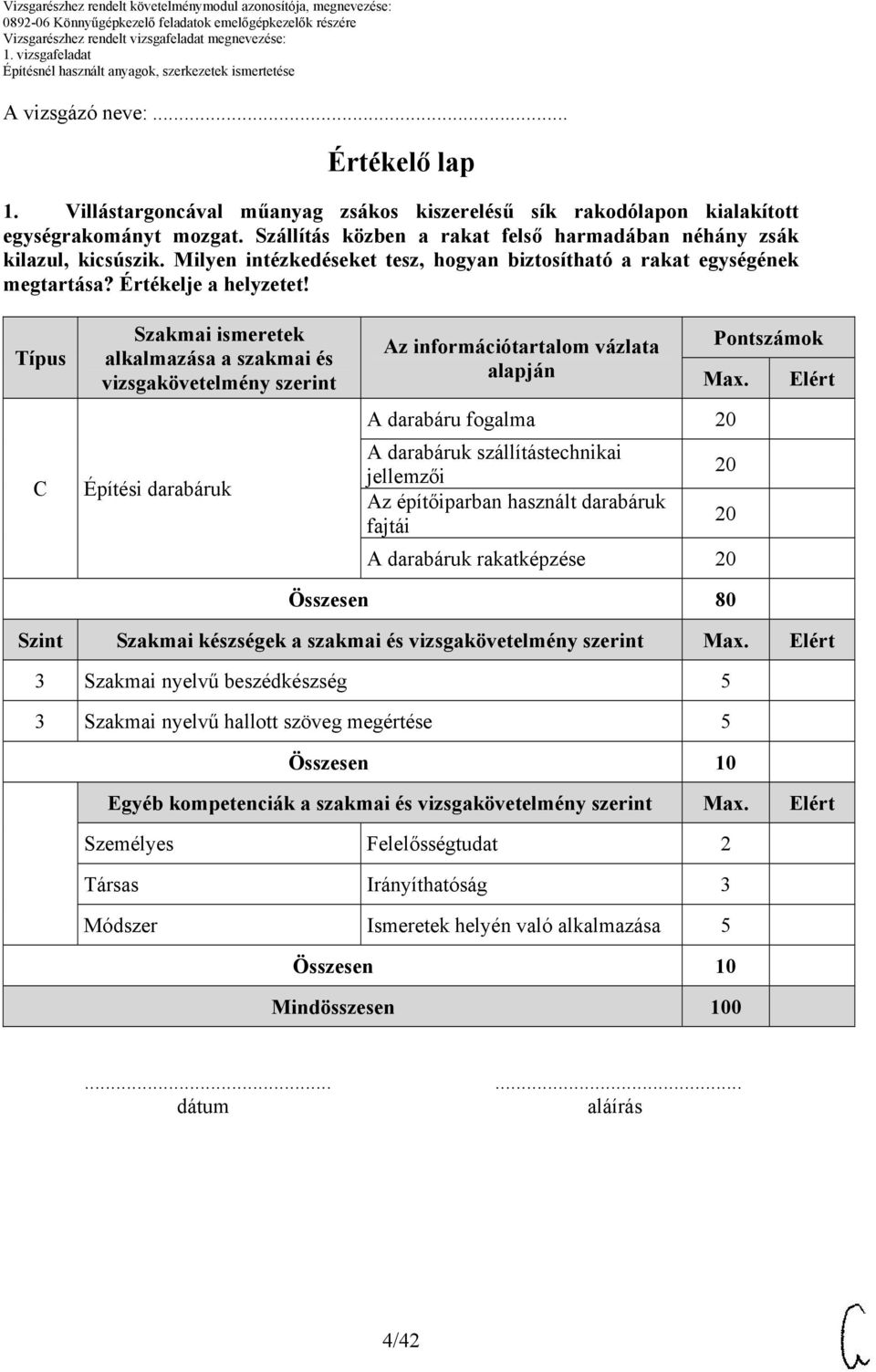 Típus C Szakmai ismeretek alkalmazása a szakmai és vizsgakövetelmény szerint Építési darabáruk Az információtartalom vázlata alapján Pontszámok Max.