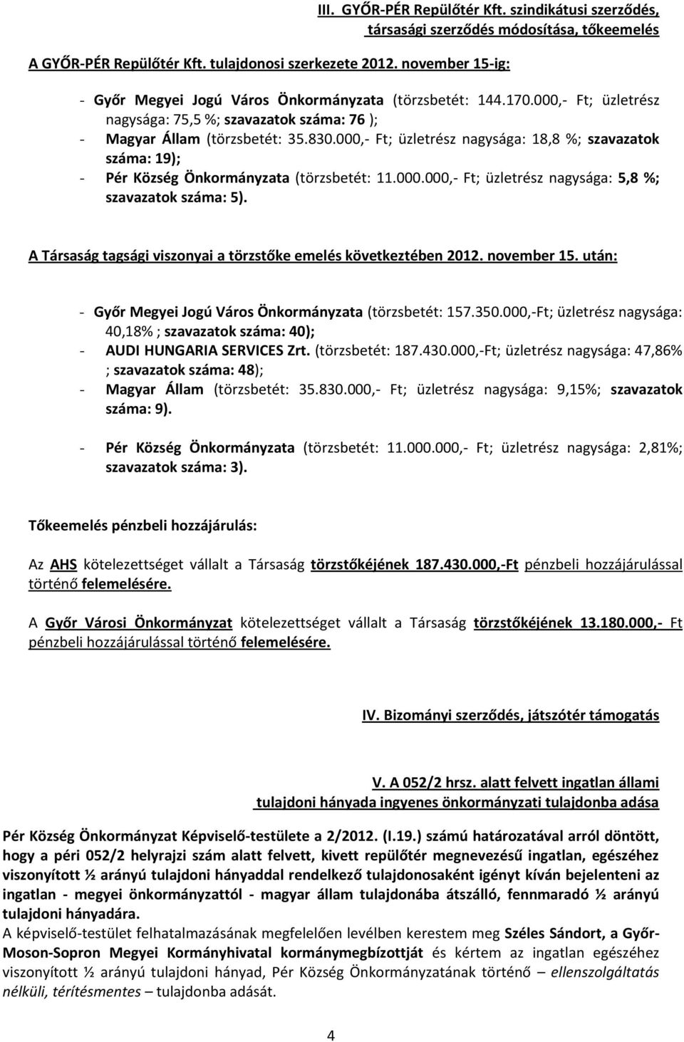 000,- Ft; üzletrész nagysága: 18,8 %; szavazatok száma: 19); - Pér Község Önkormányzata (törzsbetét: 11.000.000,- Ft; üzletrész nagysága: 5,8 %; szavazatok száma: 5).