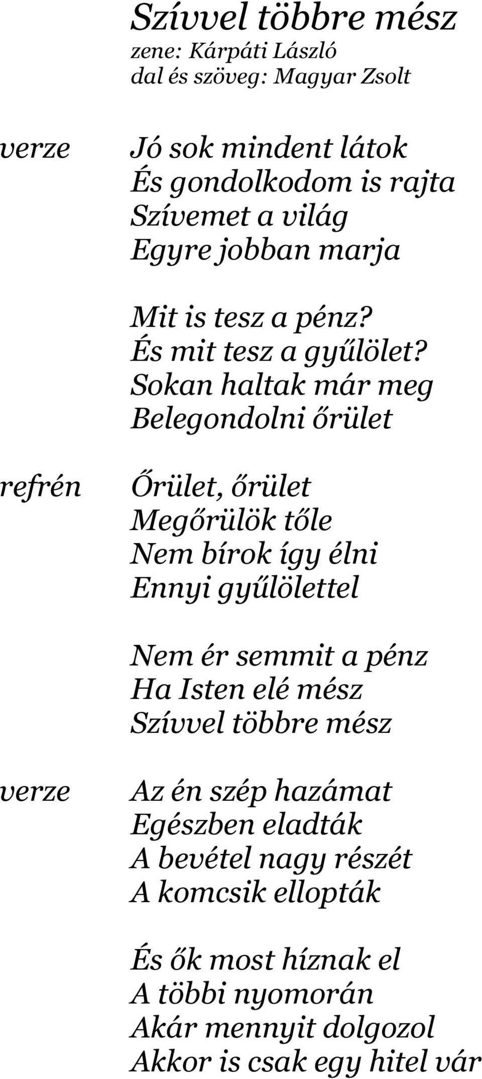 Sokan haltak már meg Belegondolni őrület Őrület, őrület Megőrülök tőle Nem bírok így élni Ennyi gyűlölettel Nem ér semmit a