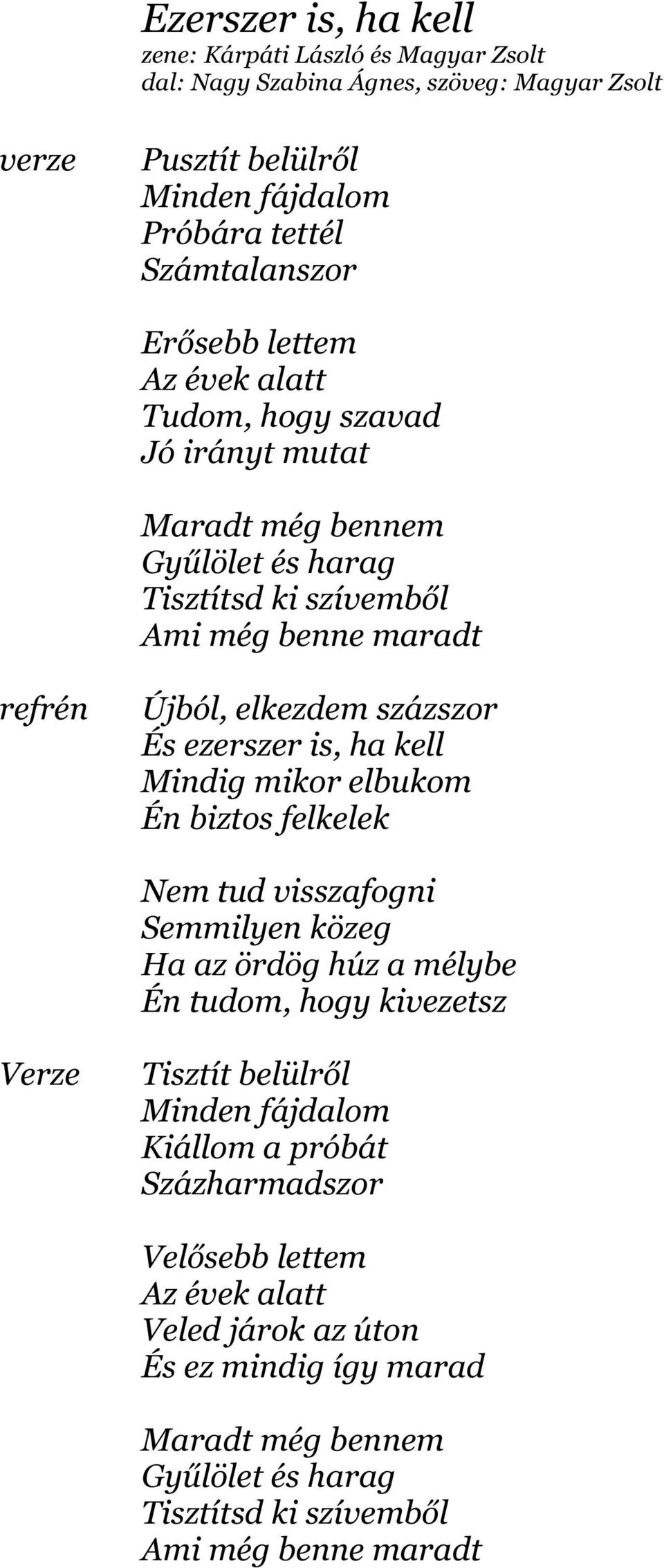 ha kell Mindig mikor elbukom Én biztos felkelek Nem tud visszafogni Semmilyen közeg Ha az ördög húz a mélybe Én tudom, hogy kivezetsz Verze Tisztít belülről Minden fájdalom