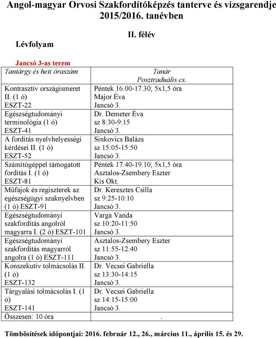 (1 sz 15:05-15:50 ESZT-52 Számítógéppel támogtott Péntek 17.40-19.10; 5x1,5 ór fordítás I. (1 ESZT-81 Kis Okt.