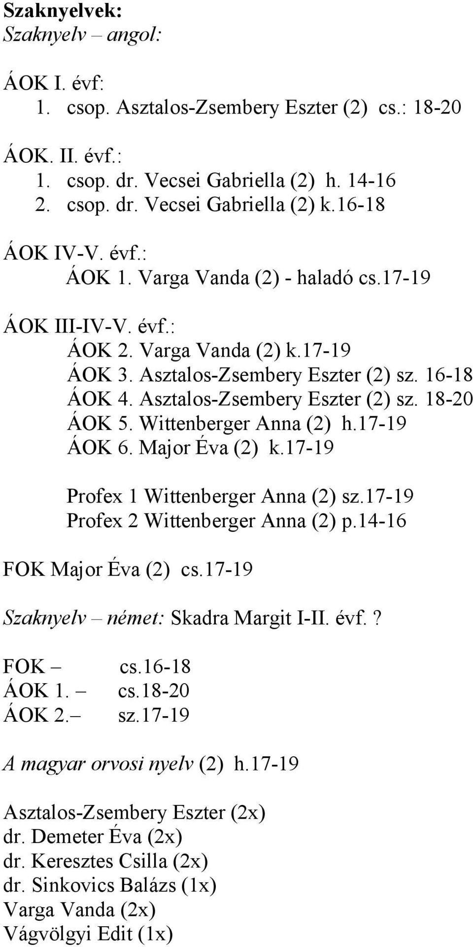 17-19 ÁOK 6. (2) k.17-19 Profex 1 Wittenberger Ann (2) sz.17-19 Profex 2 Wittenberger Ann (2) p.14-16 FOK (2) cs.17-19 Szknyelv német: Skdr Mrgit I-II. évf.
