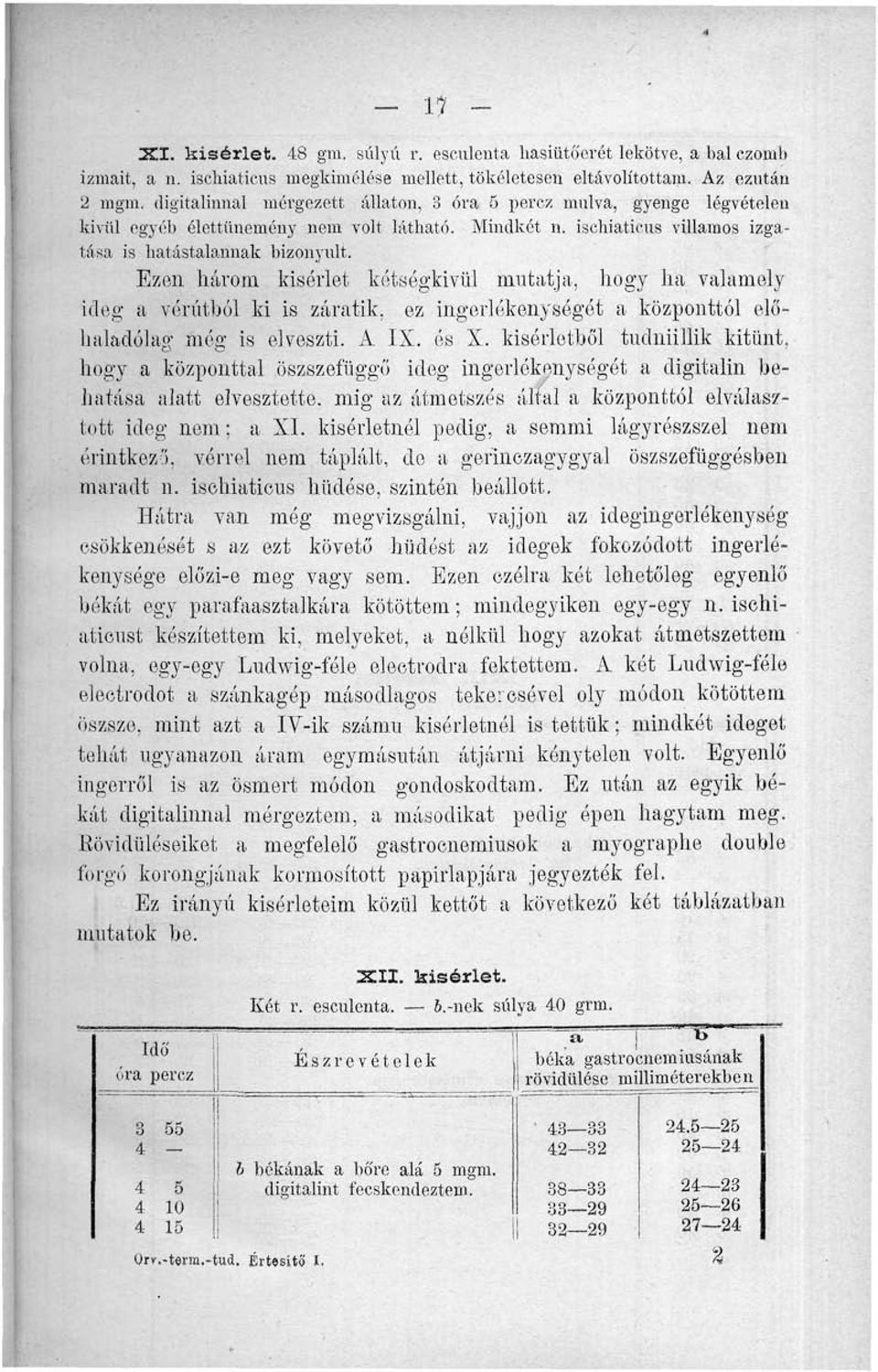 Ezen három kísérlet kétségkívül mutatja, hogy ha valamely ideg a vérútból ki is záratik, ez ingerlékenységét a központtól előhaladólag még is elveszti. A IX. és X.