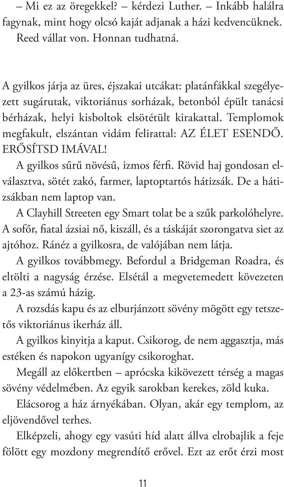 Templomok megfakult, elszántan vidám felirattal: AZ ÉLET ESENDŐ. ERŐSÍTSD IMÁVAL! A gyilkos sűrű növésű, izmos férfi. Rövid haj gondosan elválasztva, sötét zakó, farmer, laptoptartós hátizsák.