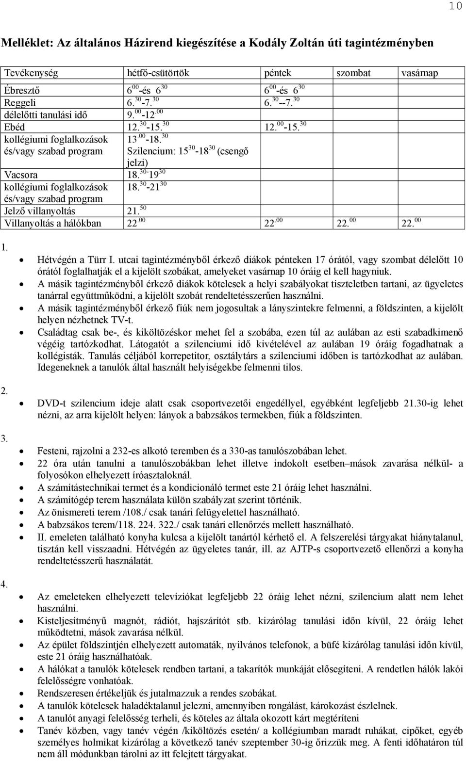 30-19 30 kollégiumi foglalkozások 18. 30-21 30 és/vagy szabad program Jelző villanyoltás 21. 50 Villanyoltás a hálókban 22.00 22.00 22. 00 22. 00 1. 2. 3. 4. Hétvégén a Türr I.