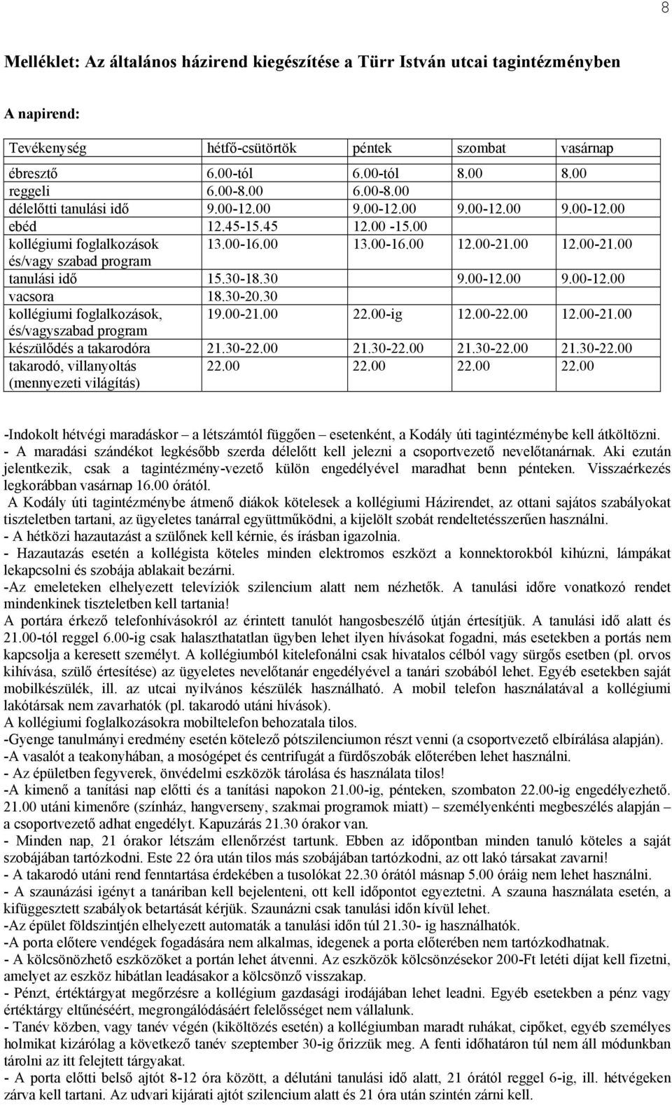 00 12.00-21.00 és/vagy szabad program tanulási idő 15.30-18.30 9.00-12.00 9.00-12.00 vacsora 18.30-20.30 kollégiumi foglalkozások, 19.00-21.00 22.00-ig 12.00-22.00 12.00-21.00 és/vagyszabad program készülődés a takarodóra 21.