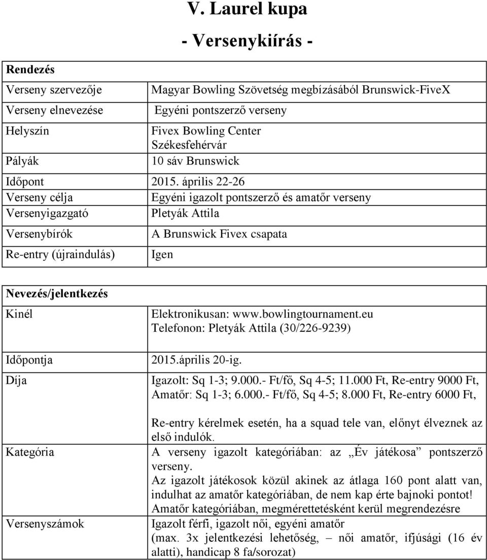 április 22-26 Verseny célja Egyéni igazolt pontszerző és amatőr verseny Versenyigazgató Pletyák Attila Versenybírók A Brunswick Fivex csapata Re-entry (újraindulás) Igen Nevezés/jelentkezés Kinél