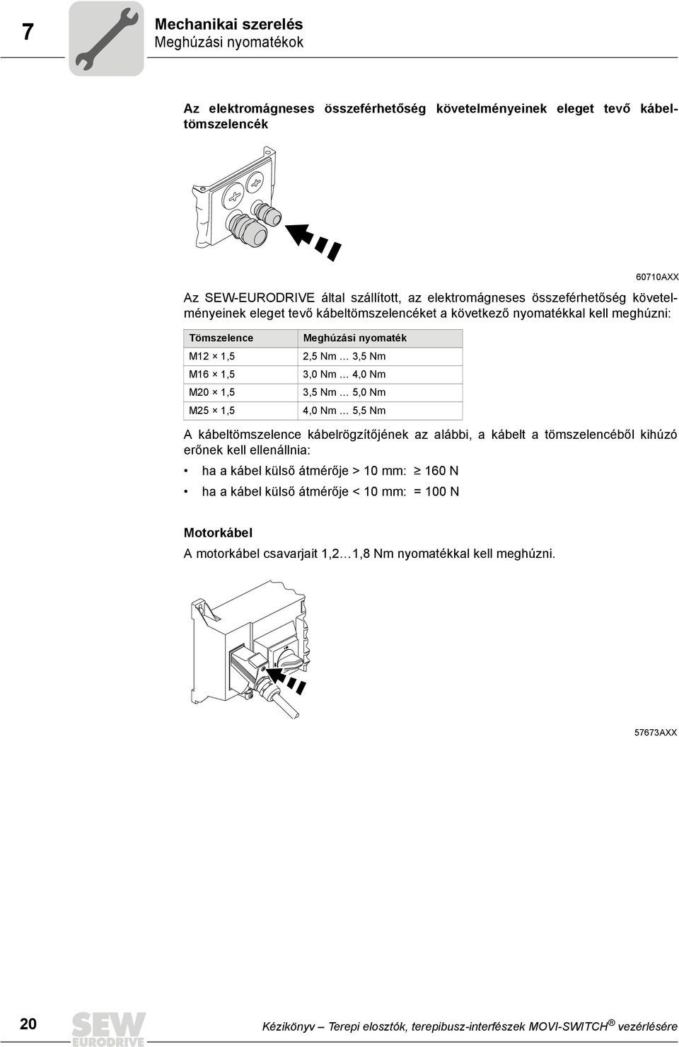 Nm 3,5 Nm 5,0 Nm 4,0 Nm 5,5 Nm A kábeltömszelence kábelrögzítőjének az alábbi, a kábelt a tömszelencéből kihúzó erőnek kell ellenállnia: ha a kábel külső átmérője > 10 mm: Ã 160 N ha a