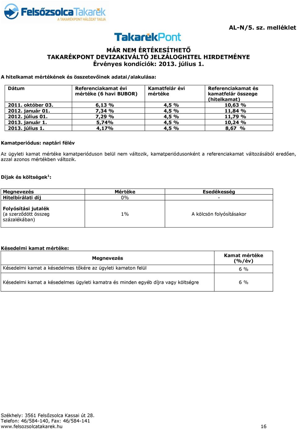 6,13 % 4,5 % 10,63 % 2012. január 01. 7,34 % 4,5 % 11,84 % 2012. július 01. 7,29 % 4,5 % 11,79 % 2013. január 1. 5,74% 4,5 % 10,24 % 2013. július 1.