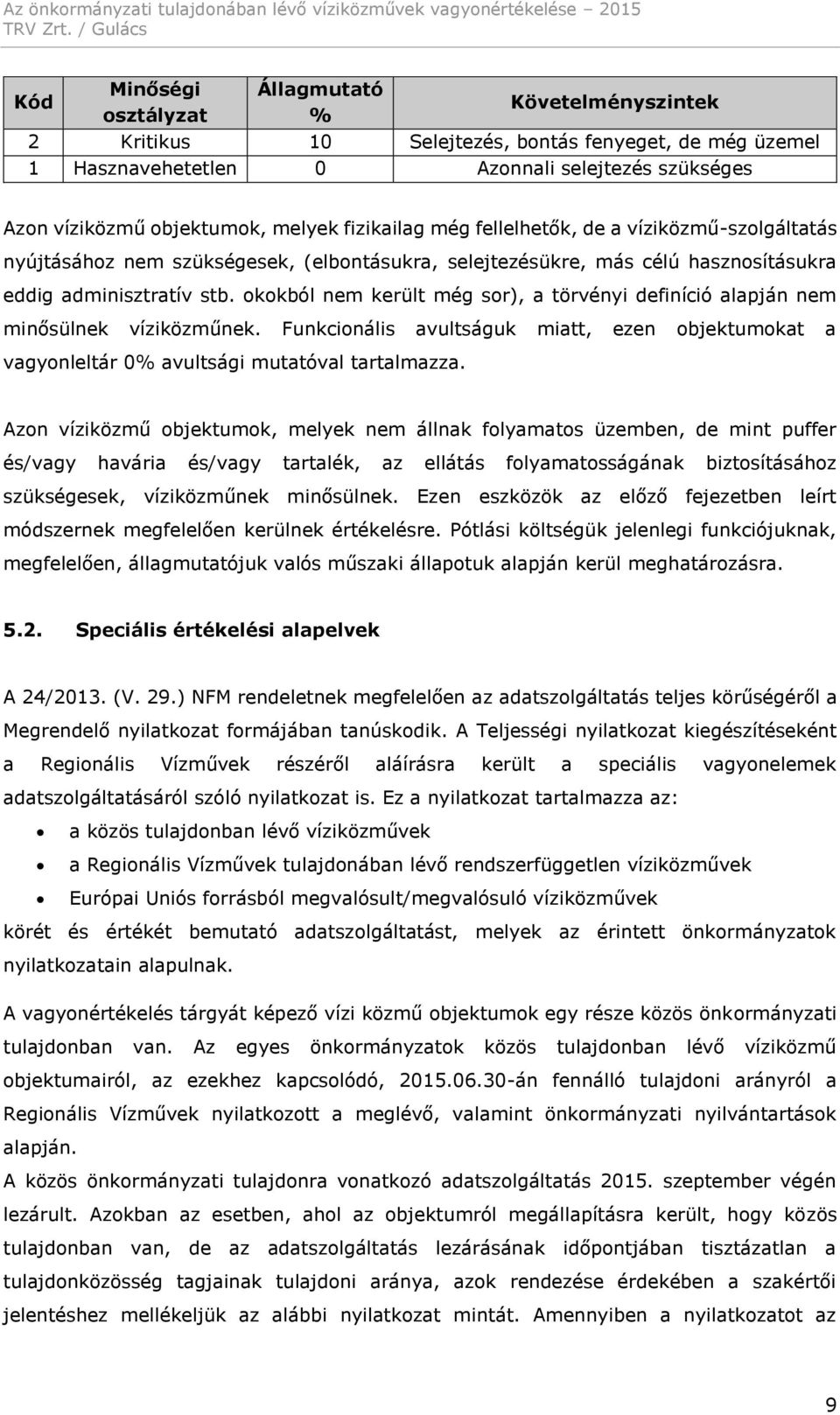 okokból nem került még sor), a törvényi definíció alapján nem minősülnek víziközműnek. Funkcionális avultságuk miatt, ezen objektumokat a vagyonleltár 0% avultsági mutatóval tartalmazza.