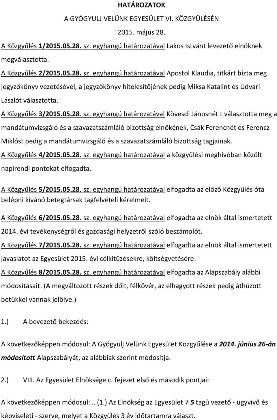 egyhangú határozatával Apostol Klaudia, titkárt bízta meg jegyzőkönyv vezetésével, a jegyzőkönyv hitelesítőjének pedig Miksa Katalint és Udvari Lászlót választotta. A Közgyűlés 3/2015.05.28. sz.