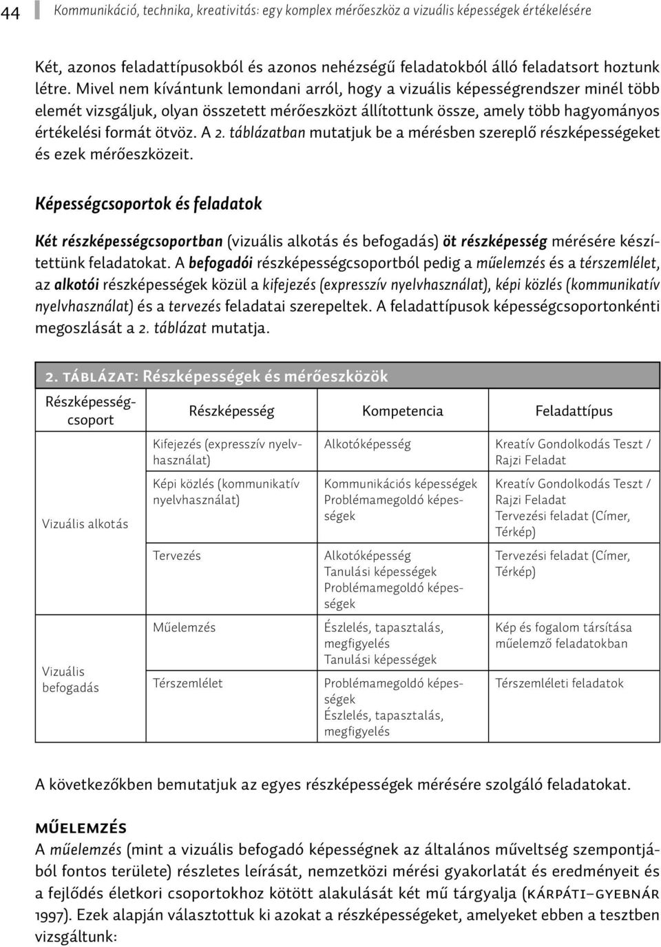 táblázatban mutatjuk be a mérésben szereplő részképességeket és ezek mérőeszközeit.