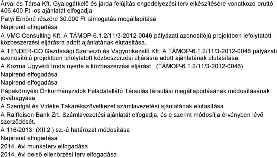 A TENDER-CO Gazdasági Szervező és Vagyonkezelő Kft. A TÁMOP-6.1.2/11/3-2012-0046 pályázati azonosítójú projektben lefolytatott közbeszerzési eljárásra adott ajánlatának elutasítása.