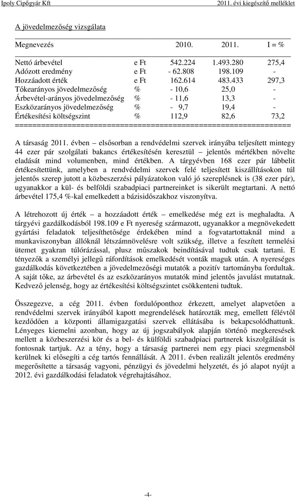 433 297,3 Tőkearányos jövedelmezőség % - 10,6 25,0 - Árbevétel-arányos jövedelmezőség % - 11,6 13,3 - Eszközarányos jövedelmezőség % - 9,7 19,4 - Értékesítési költségszint % 112,9 82,6 73,2