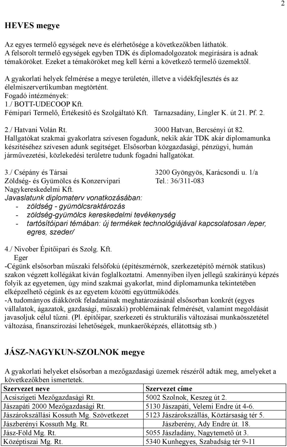 Fogadó intézmények: 1./ BOTT-UDECOOP Kft. Fémipari Termelő, Értékesítő és Szolgáltató Kft. Tarnazsadány, Lingler K. út 21. Pf. 2. 2./ Hatvani Volán Rt. 3000 Hatvan, Bercsényi út 82.
