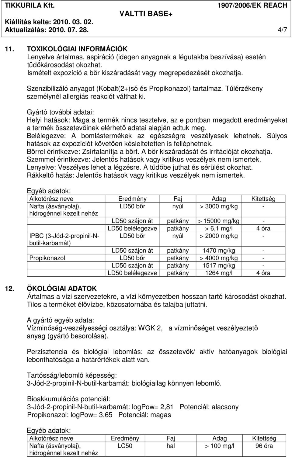 Gyártó további adatai: Helyi hatások: Maga a termék nincs tesztelve, az e pontban megadott eredményeket a termék összetevıinek elérhetı adatai alapján adtuk meg.