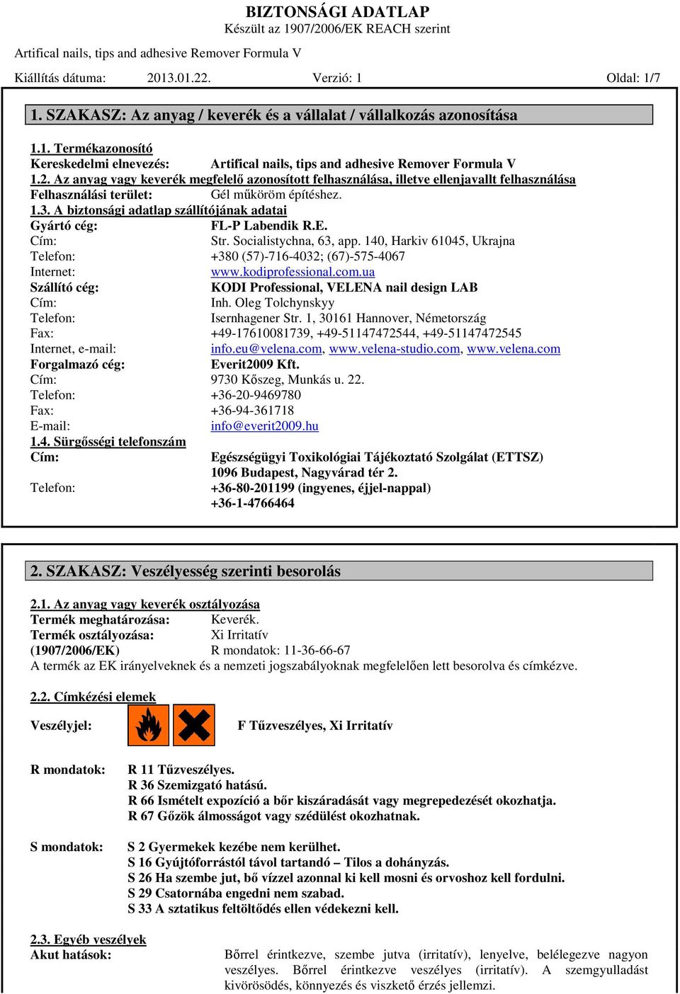 A biztonsági adatlap szállítójának adatai Gyártó cég: FL-P Labendik R.E. Str. Socialistychna, 63, app. 140, Harkiv 61045, Ukrajna +380 (57)-716-4032; (67)-575-4067 Internet: www.kodiprofessional.com.