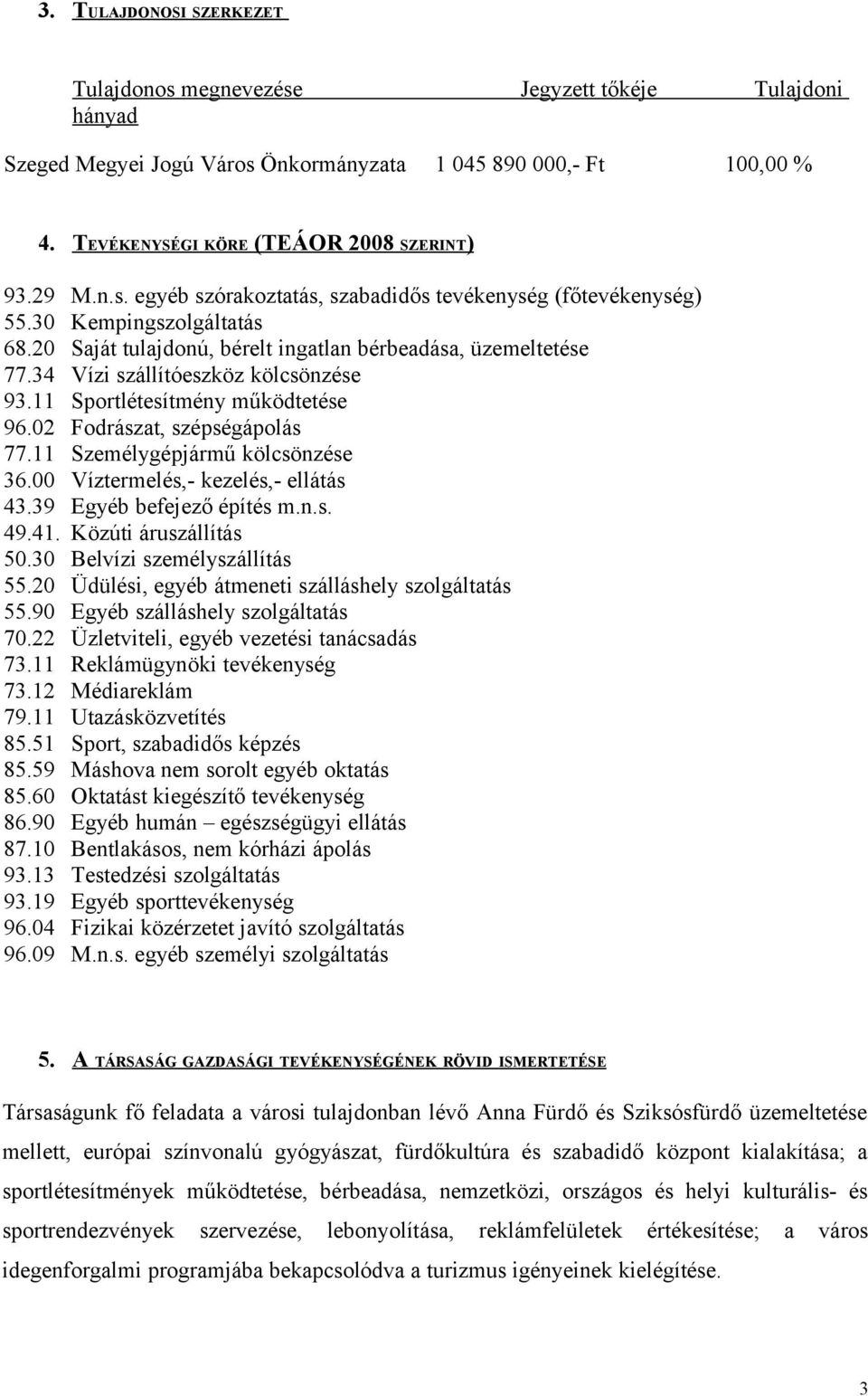 11 Személygépjármű kölcsönzése 36.00 Víztermelés,- kezelés,- ellátás 43.39 Egyéb befejező építés m.n.s. 49.41. Közúti áruszállítás 50.30 Belvízi személyszállítás 55.