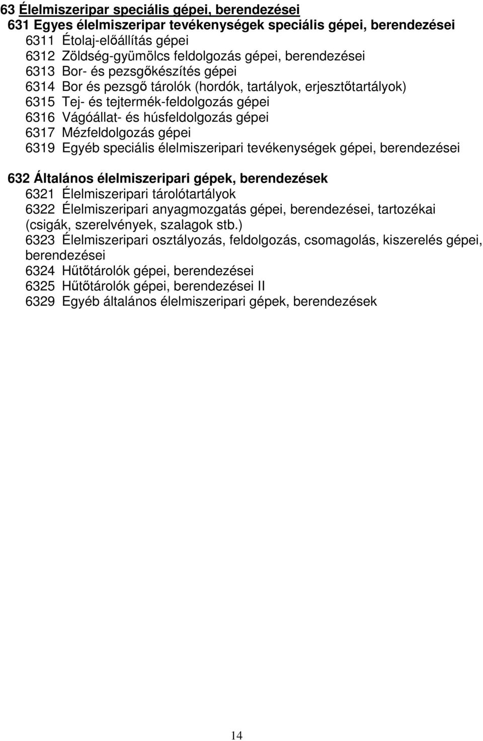 Mézfeldolgozás gépei 6319 Egyéb speciális élelmiszeripari tevékenységek gépei, berendezései 632 Általános élelmiszeripari gépek, berendezések 6321 Élelmiszeripari tárolótartályok 6322 Élelmiszeripari