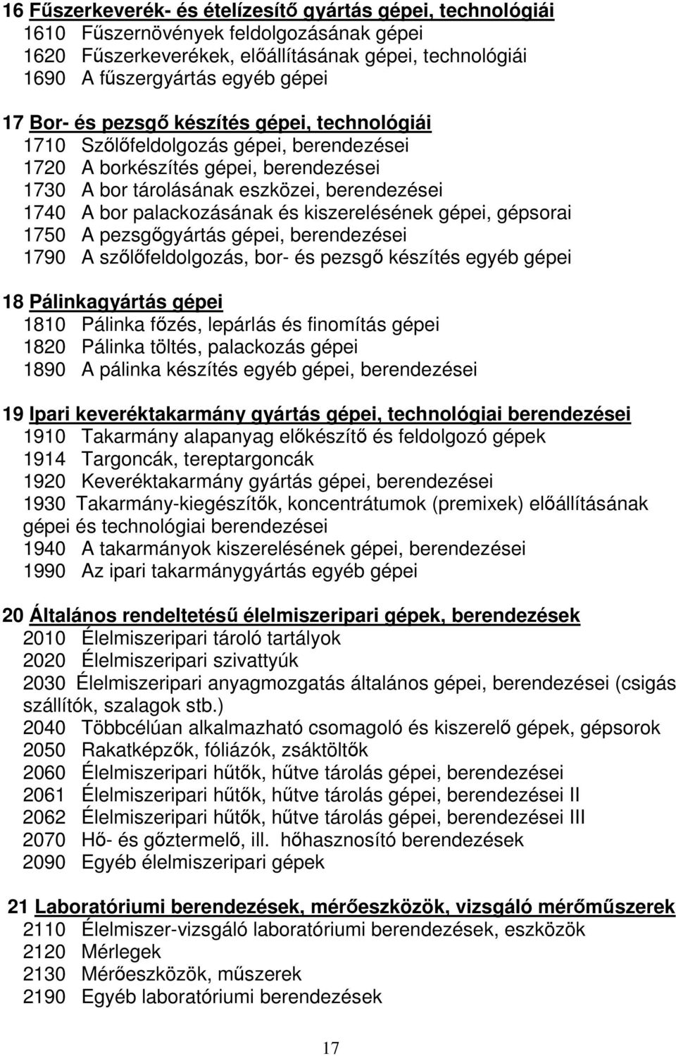 kiszerelésének gépei, gépsorai 1750 A pezsgőgyártás gépei, berendezései 1790 A szőlőfeldolgozás, bor- és pezsgő készítés egyéb gépei 18 Pálinkagyártás gépei 1810 Pálinka főzés, lepárlás és finomítás