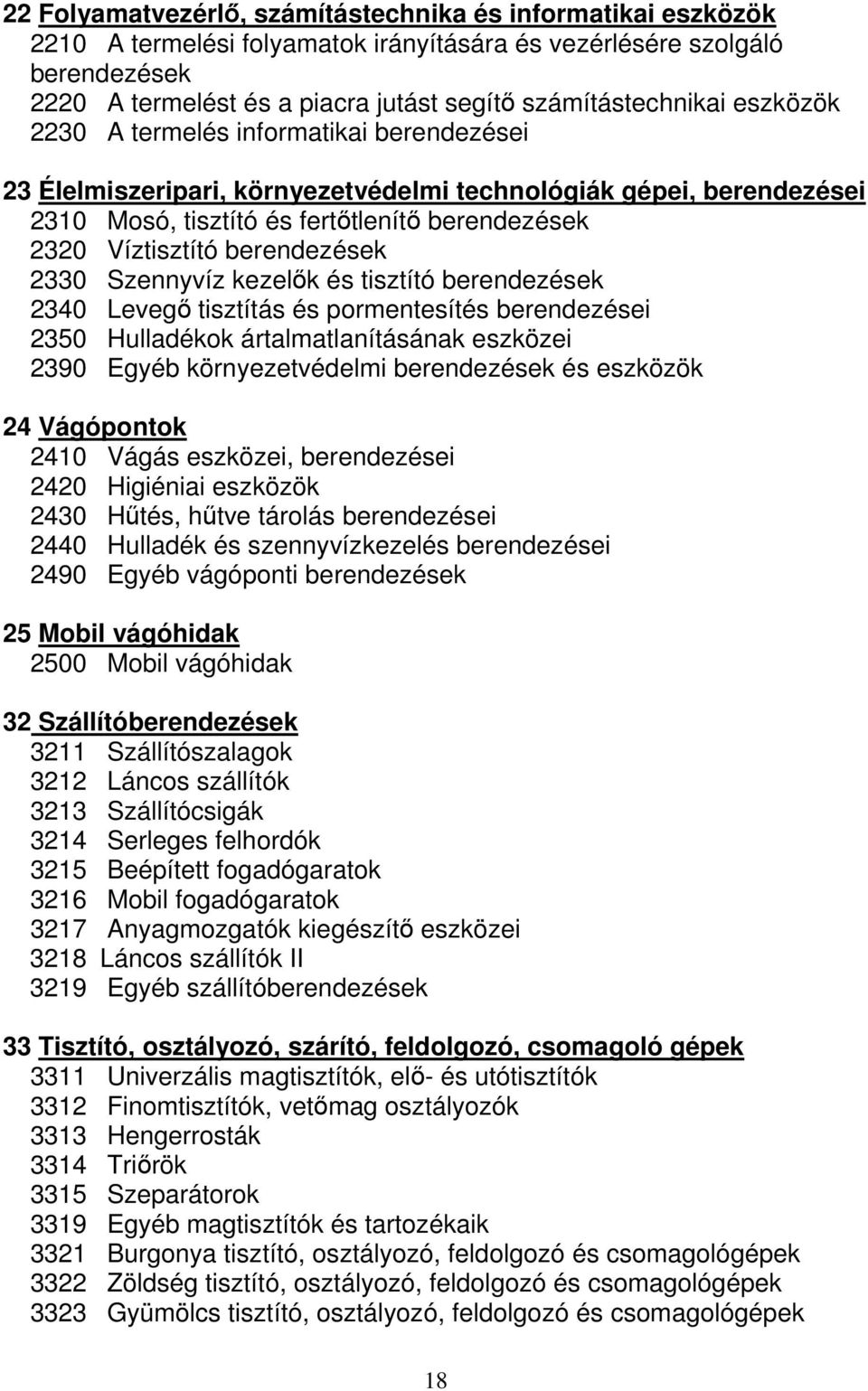 Víztisztító berendezések 2330 Szennyvíz kezelők és tisztító berendezések 2340 Levegő tisztítás és pormentesítés berendezései 2350 Hulladékok ártalmatlanításának eszközei 2390 Egyéb környezetvédelmi