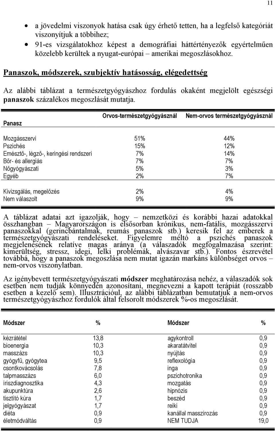 Panaszok, módszerek, szubjektív hatásosság, elégedettség Az alábbi táblázat a természetgyógyászhoz fordulás okaként megjelölt egészségi panaszok százalékos megoszlását mutatja.