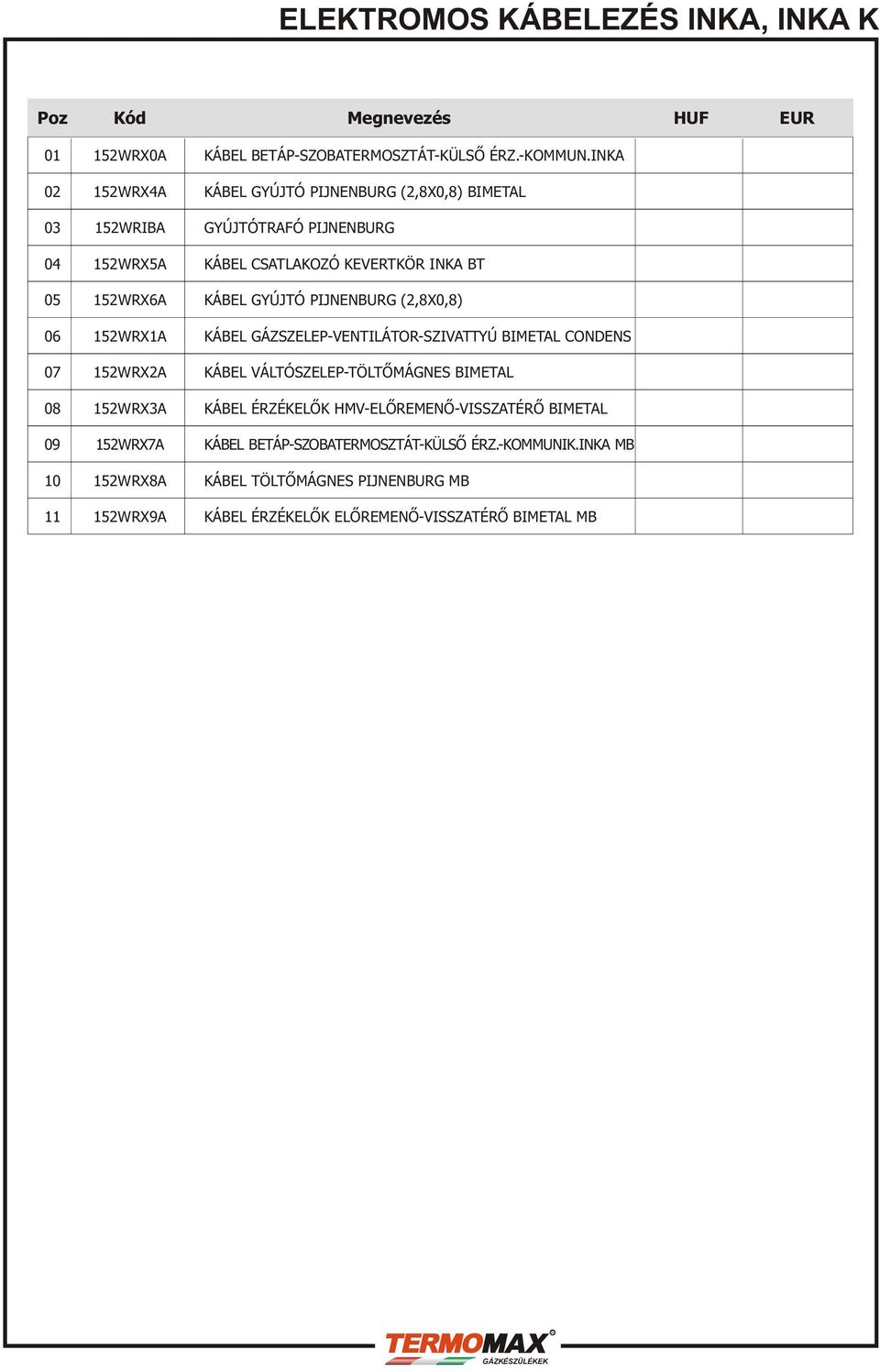 PIJNENBUG (2,8X0,8) 06 152WX1 KÁBEL GÁZSZELEP-VENTILÁTO-SZIVTTYÚ BIMETL CONDENS 07 152WX2 KÁBEL VÁLTÓSZELEP-TÖLTÕMÁGNES BIMETL 08 152WX3 KÁBEL