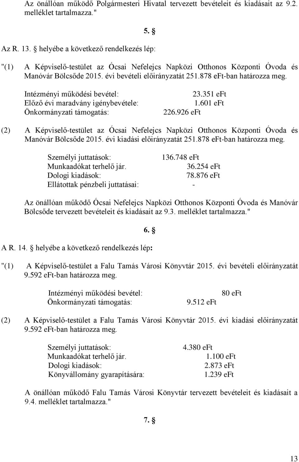 Intézményi működési bevétel: Előző évi maradvány igénybevétele: Önkormányzati támogatás: 23.351 eft 1.601 eft 226.