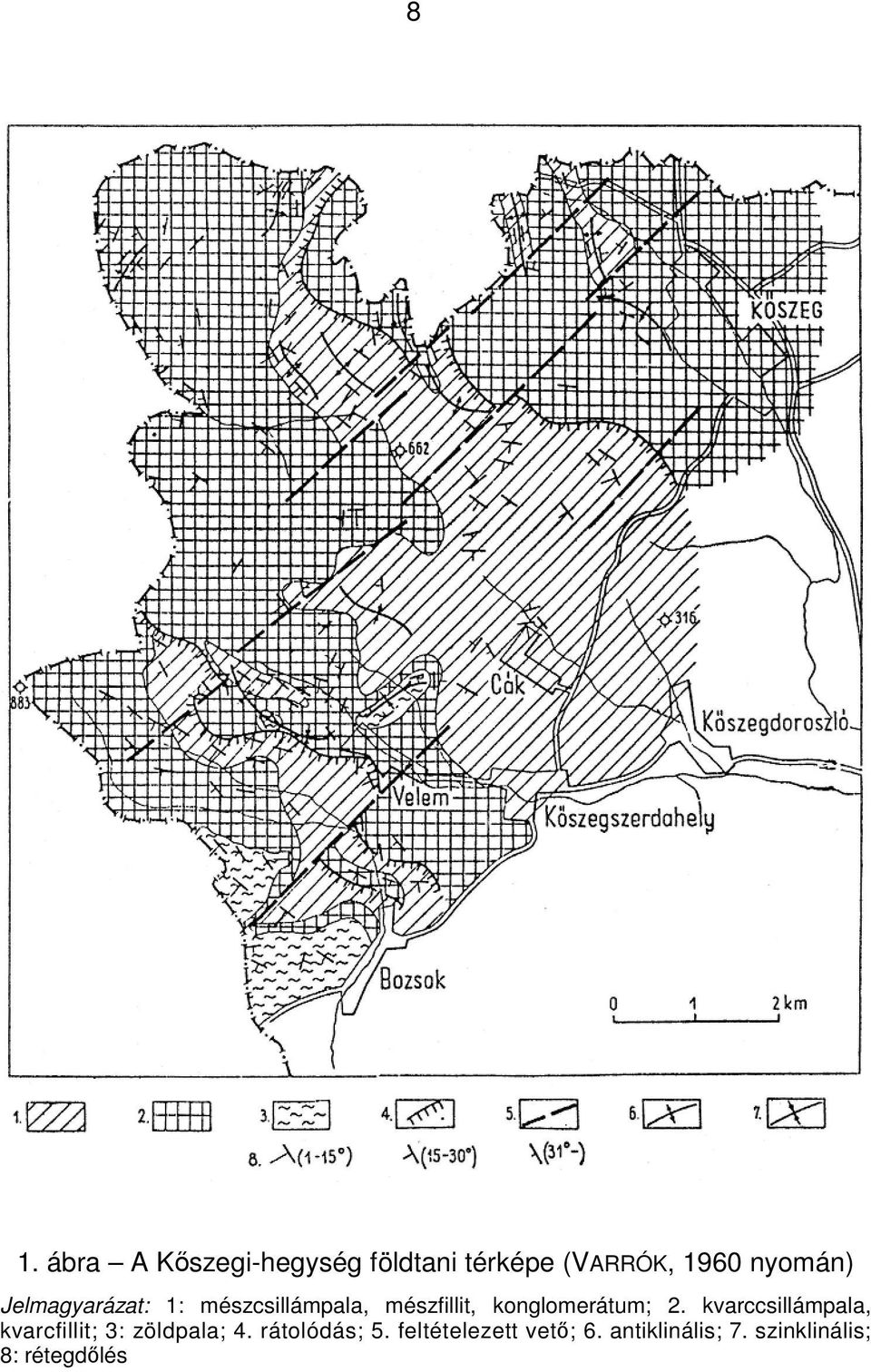 konglomerátum; 2. kvarccsillámpala, kvarcfillit; 3: zöldpala; 4.