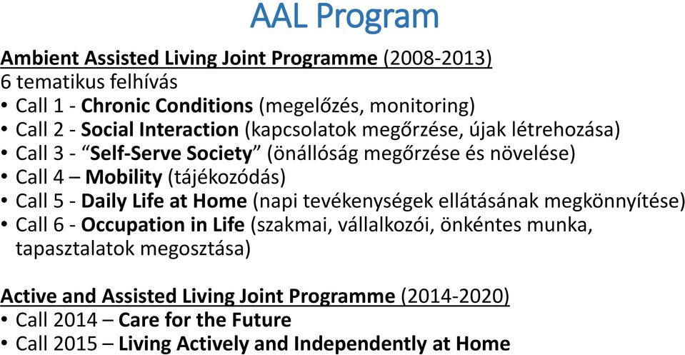 (tájékozódás) Call 5 - Daily Life at Home (napi tevékenységek ellátásának megkönnyítése) Call 6 - Occupation in Life (szakmai, vállalkozói, önkéntes