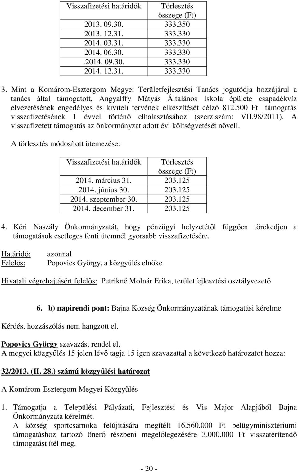 tervének elkészítését célzó 812.500 Ft támogatás visszafizetésének 1 évvel történő elhalasztásához (szerz.szám: VII.98/2011).