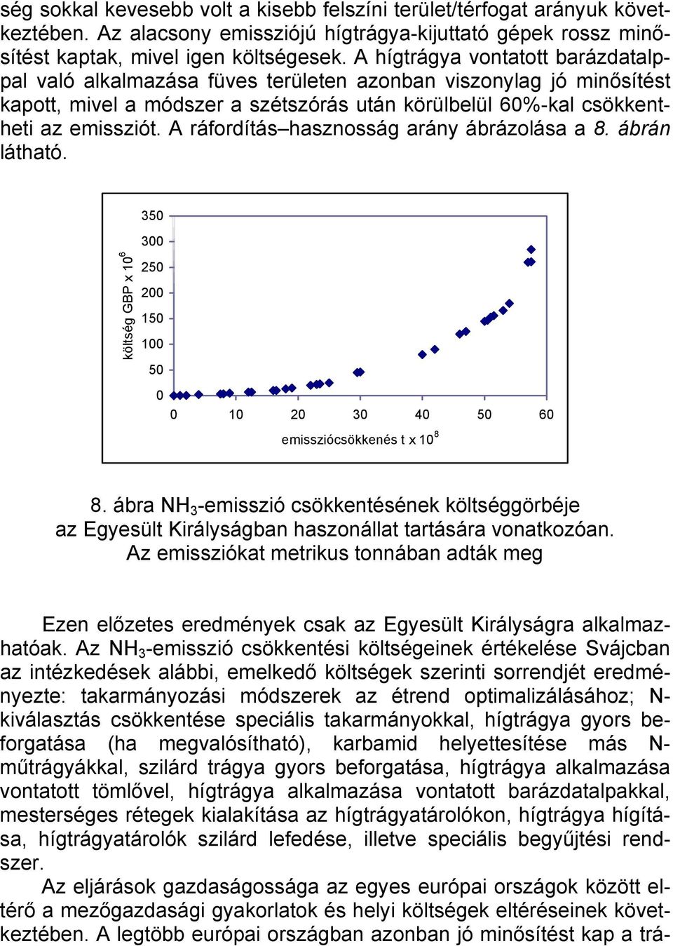 A ráfordítás hasznosság arány ábrázolása a 8. ábrán látható. 350 300 költség GBP x 10 6 250 200 150 100 50 0 0 10 20 30 40 50 60 emissziócsökkenés t x 10 8 8.