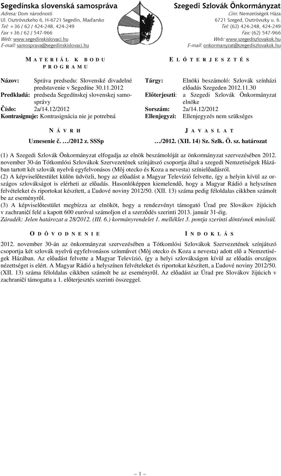 12/2012 Kontrasignuje: Kontrasignácia nie je potrebná Ellenjegyzi: Ellenjegyzés nem szükséges N Á V R H Uznesenie č. /2012 z. SSSp J A V A S L A T /2012. (XII. 14) Sz. Szlk. Ö. sz. határozat (1) A elfogadja az elnök beszámolóját az önkormányzat szervezésében 2012.