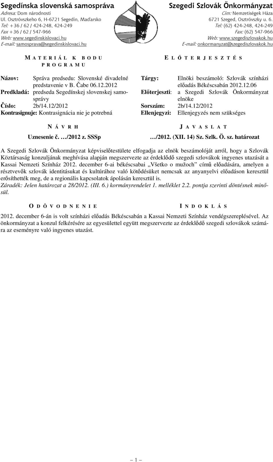 12/2012 Kontrasignuje: Kontrasignácia nie je potrebná Ellenjegyzi: Ellenjegyzés nem szü