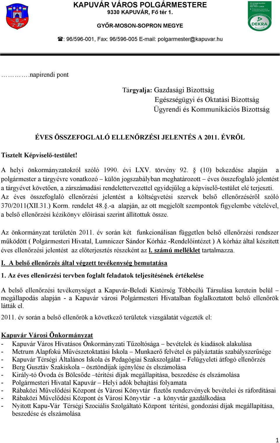 A helyi önkormányzatokról szóló 1990. évi LXV. törvény 92.