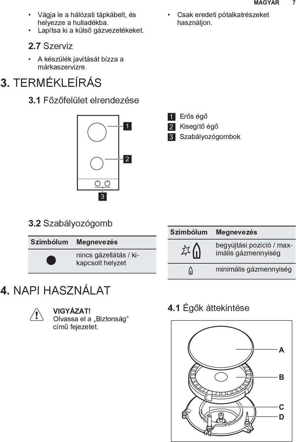 1 Főzőfelület elrendezése 1 1 Erős égő 2 Kisegítő égő 3 Szabályozógombok 2 3 3.