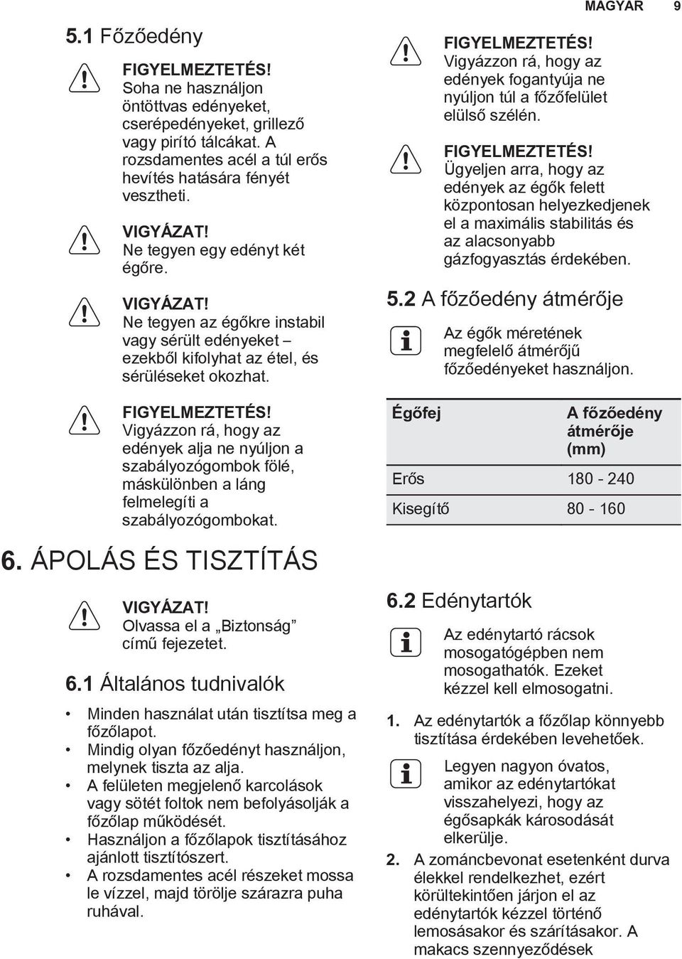 Vigyázzon rá, hogy az edények alja ne nyúljon a szabályozógombok fölé, máskülönben a láng felmelegíti a szabályozógombokat. 6. ÁPOLÁS ÉS TISZTÍTÁS Olvassa el a Biztonság című fejezetet. 6.1 Általános tudnivalók Minden használat után tisztítsa meg a főzőlapot.