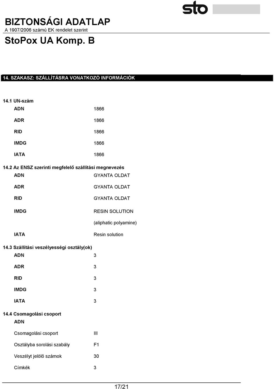 SOLUTION (aliphatic polyamine) IATA Resin solution 14.