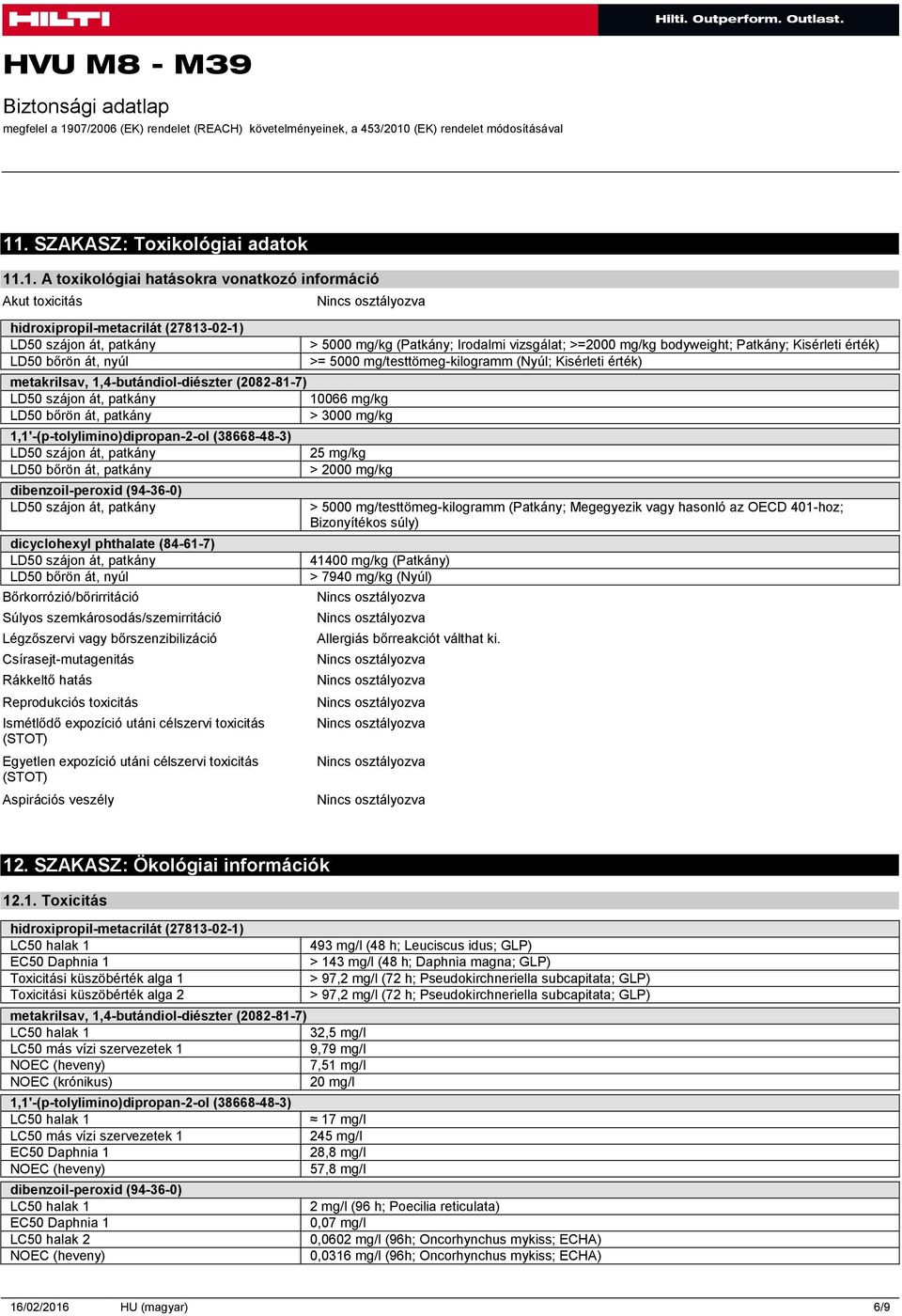 Bőrkorrózió/bőrirritáció Súlyos szemkárosodás/szemirritáció Légzőszervi vagy bőrszenzibilizáció Csírasejt-mutagenitás Rákkeltő hatás Reprodukciós toxicitás Ismétlődő expozíció utáni célszervi