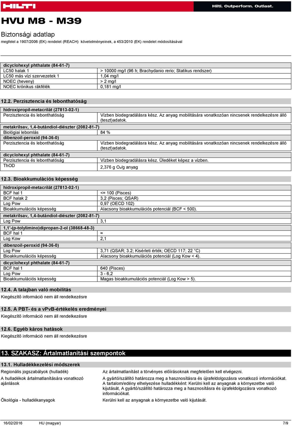 2. Perzisztencia és lebonthatóság hidroxipropil-metacrilát (27813-02-1) Perzisztencia és lebonthatóság metakrilsav, 1,4-butándiol-diészter (2082-81-7) Biológiai lebomlás 84 % Perzisztencia és