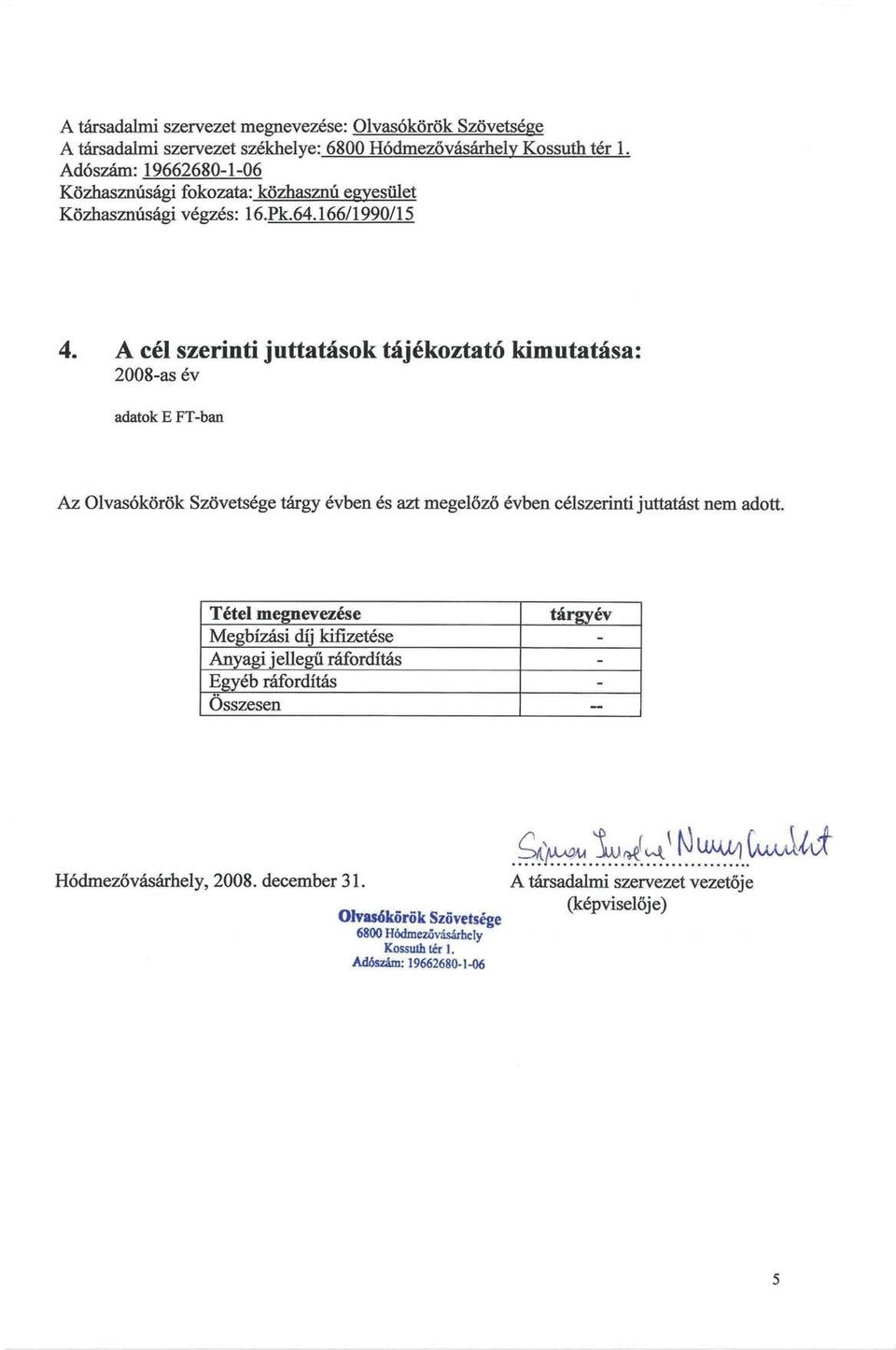 A cél szerinti juttatások tájékoztató kimutatása: 2008-as év adatok E FT-ban Az tárgy évben és azt megelőző évben célszerinti