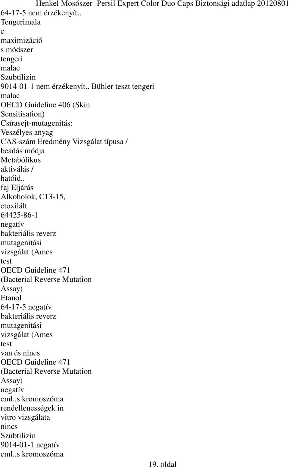 . faj Eljárás Alkoholok, C13-15, etoxilált 64425-86-1 negatív bakteriális reverz mutagenitási vizsgálat (Ames test OECD Guideline 471 (Bacterial Reverse Mutation Assay) 64-17-5